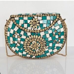 Ramla Beverley Hills Mosaic Patterned Gold and Teal shoulder bag/clutch